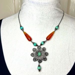 Black Metal Flower Pendant with Turquoise and brown bead accents